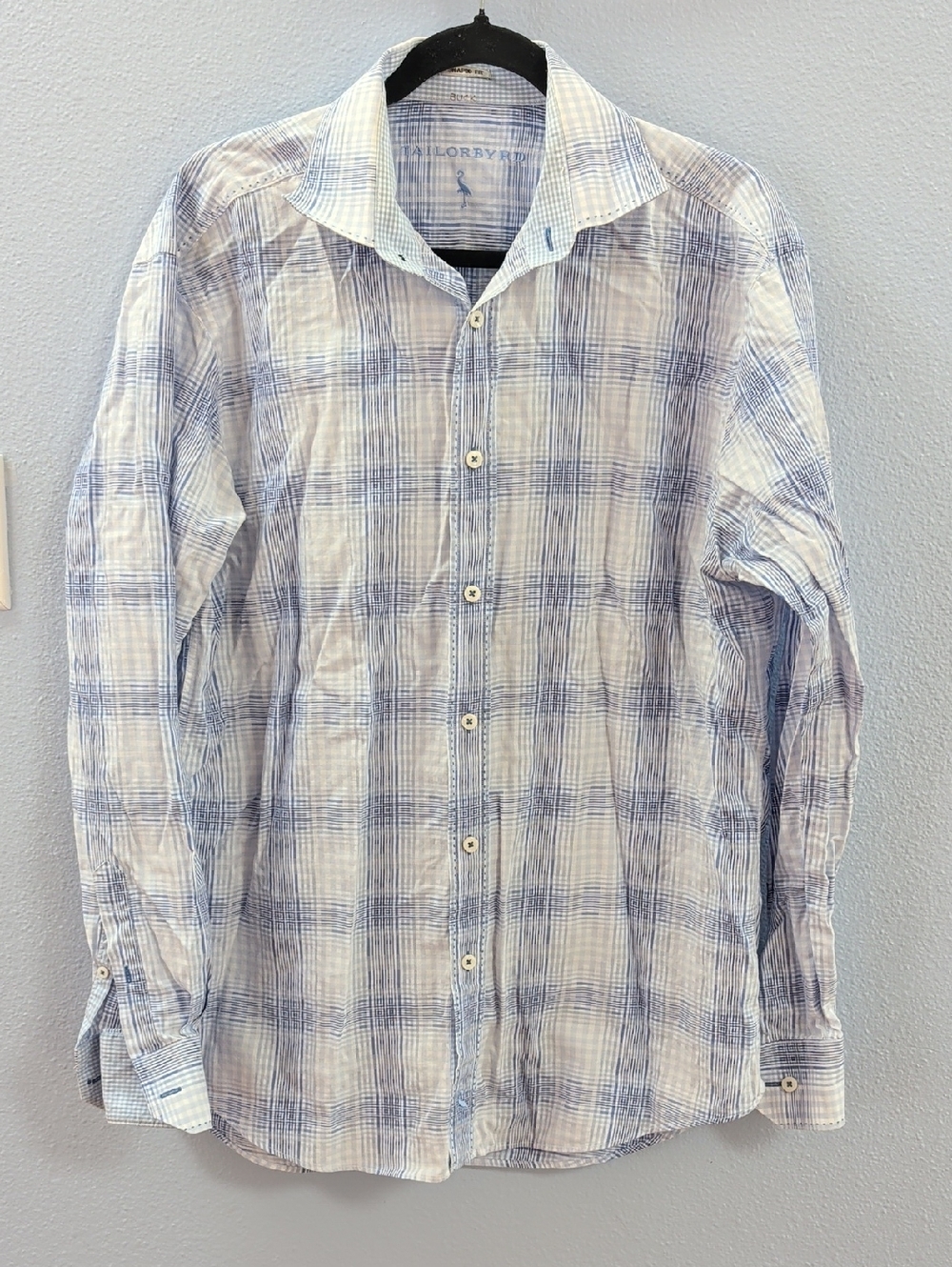 Tailorbyrd Shaped Fit White and Blue Plaid Button-Up Shirt